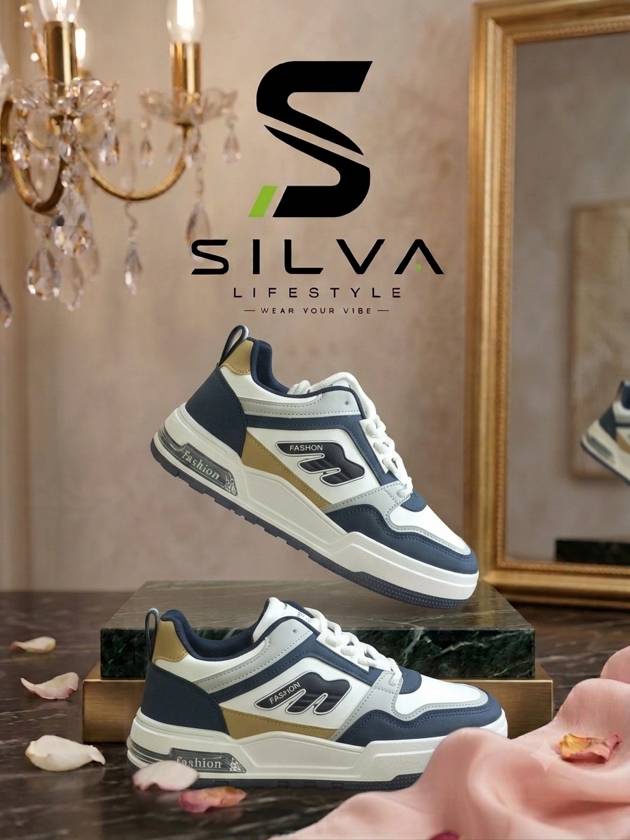 Men’s White, Navy & Beige Fashion Sneakers – Premium Casual Streetwear Shoes - Image 2