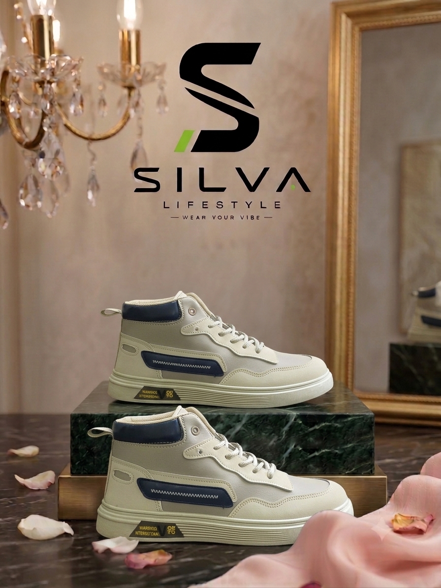 Men’s White & Navy High-Top Sneakers – Stylish Casual Shoes for Everyday Wear - Image 2