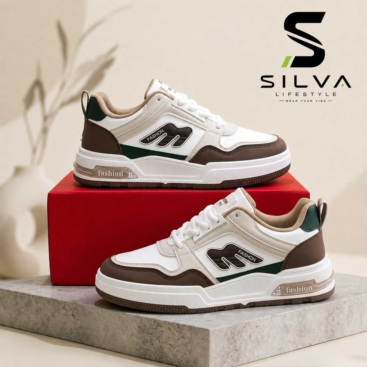 Men’s White Brown & Green Casual Fashion Sneakers – Stylish Everyday Shoes for Men