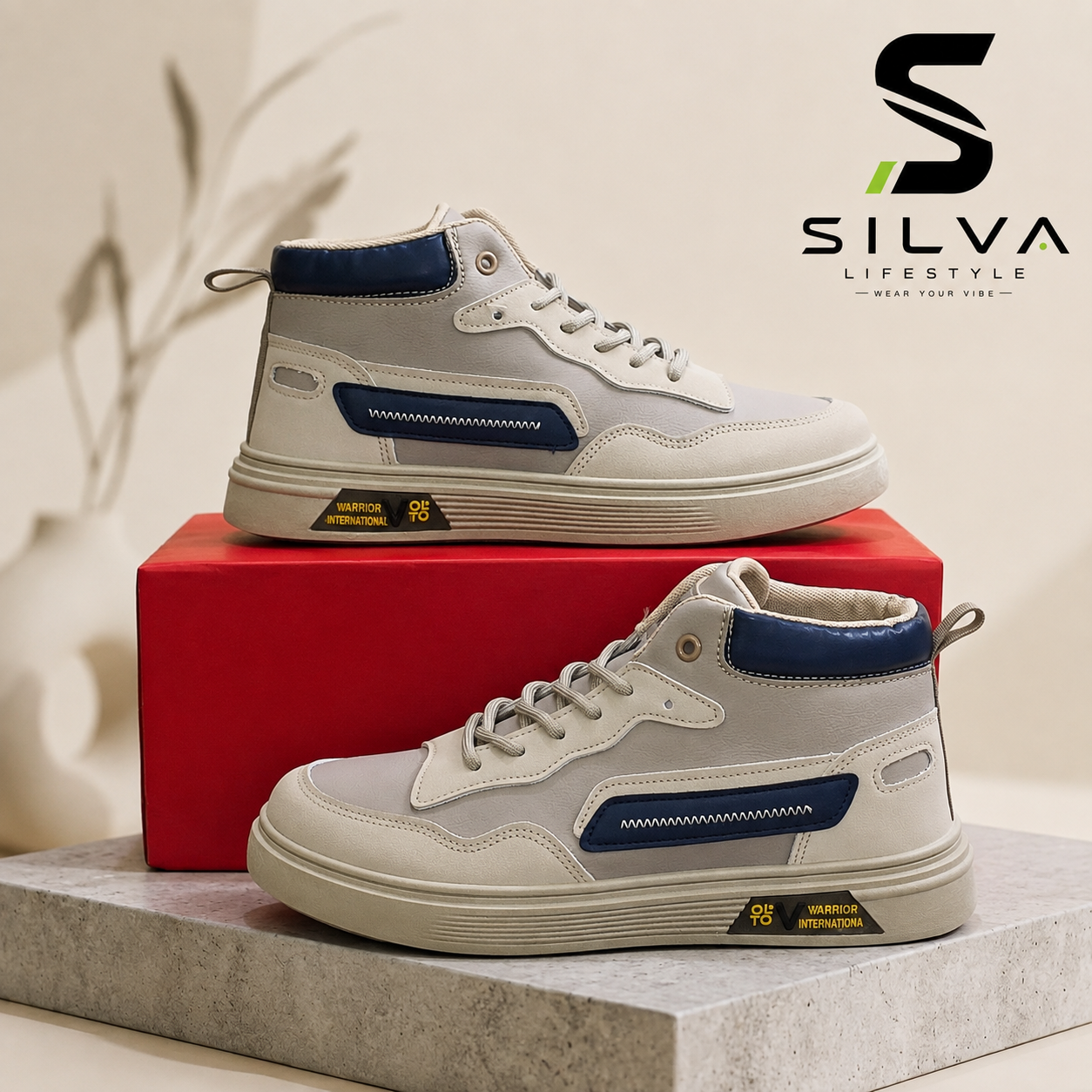 Men’s White & Navy High-Top Sneakers – Stylish Casual Shoes for Everyday Wear